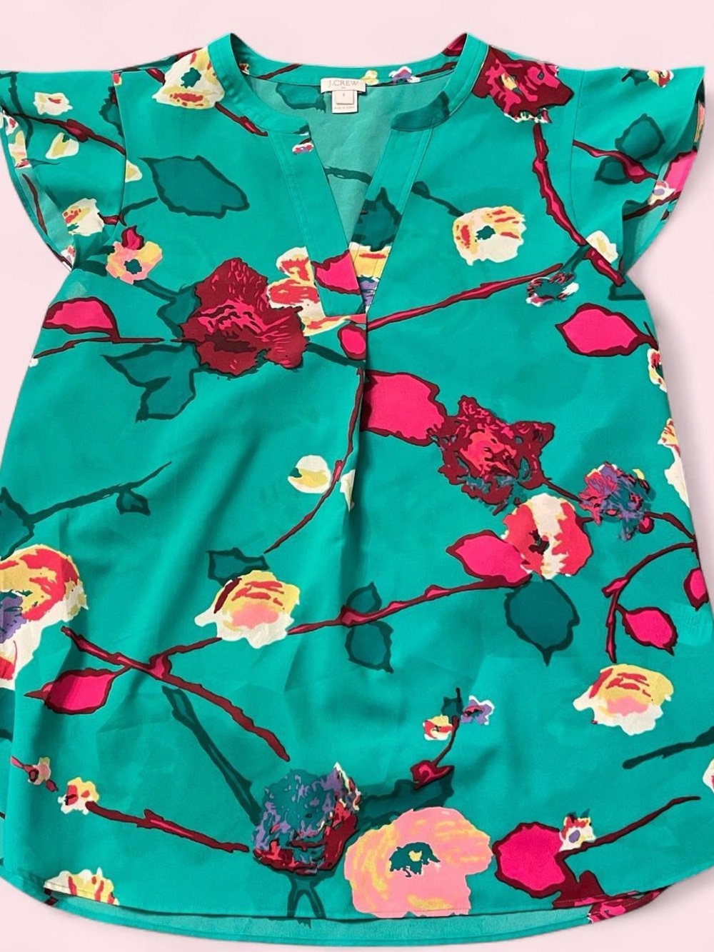 J. Crew Teal Floral Flutter Sleeve Top with Pink & Yellow Accents